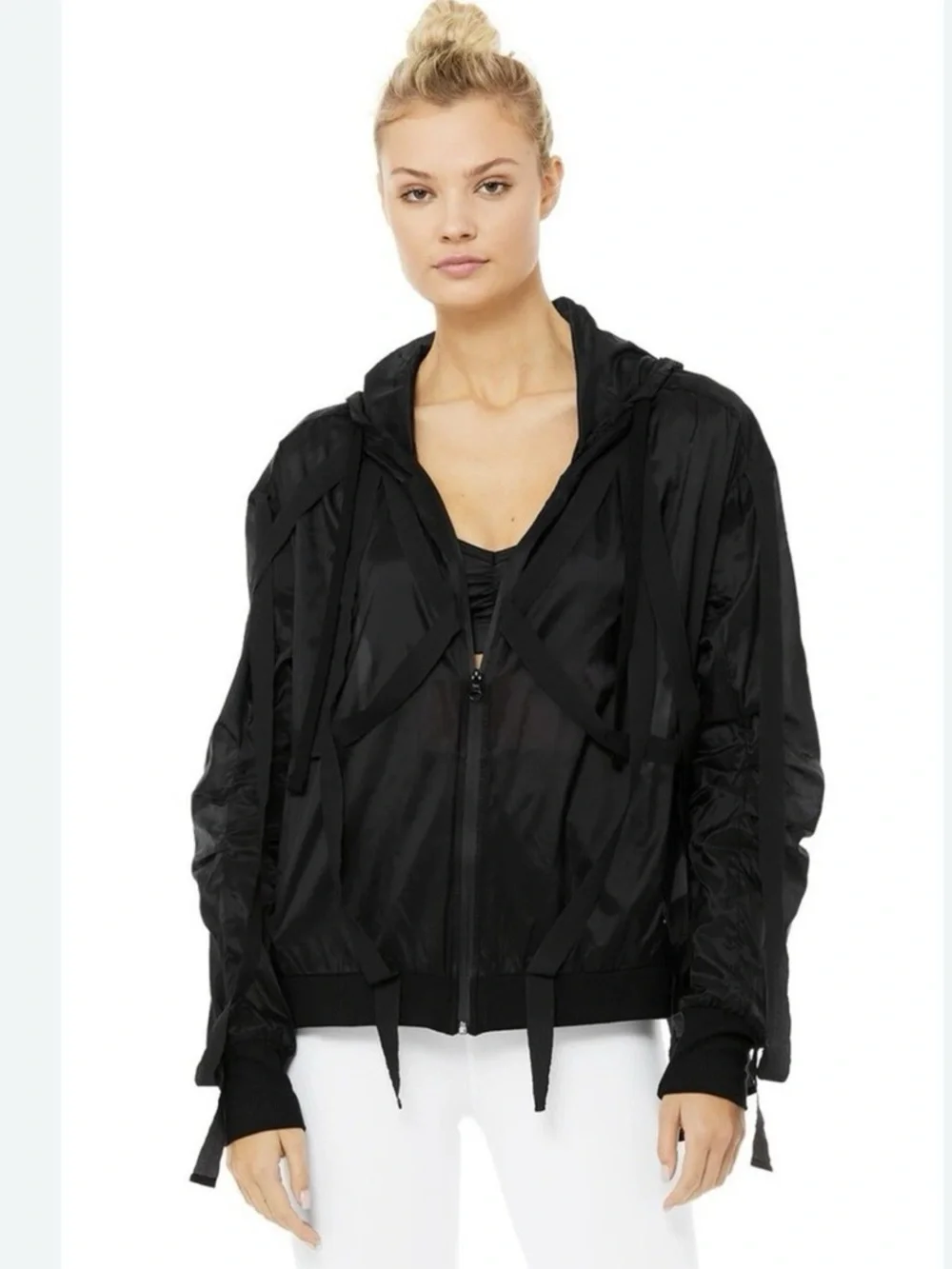 Alo Yoga Sway Jacket Black XL Strap Detail Shine Finish Streetwear Luxe Hooded